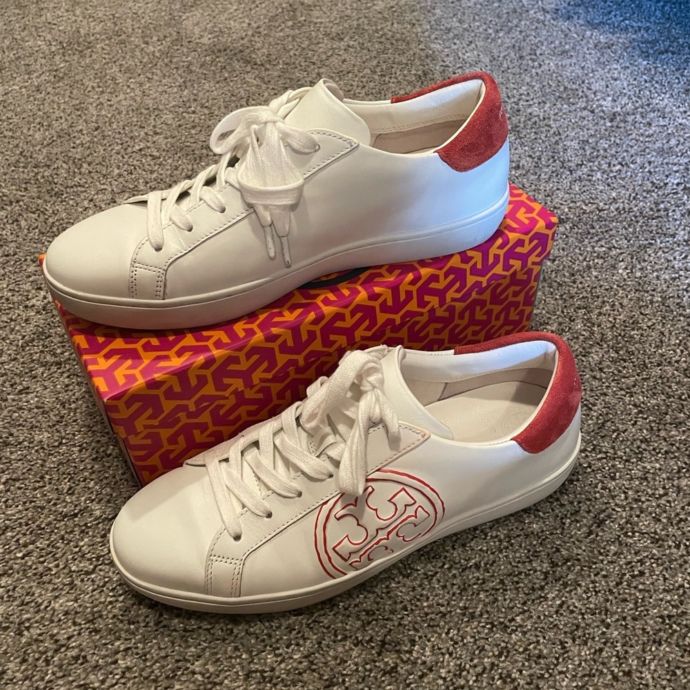 Tory Burch white leather sneakers with orange trim